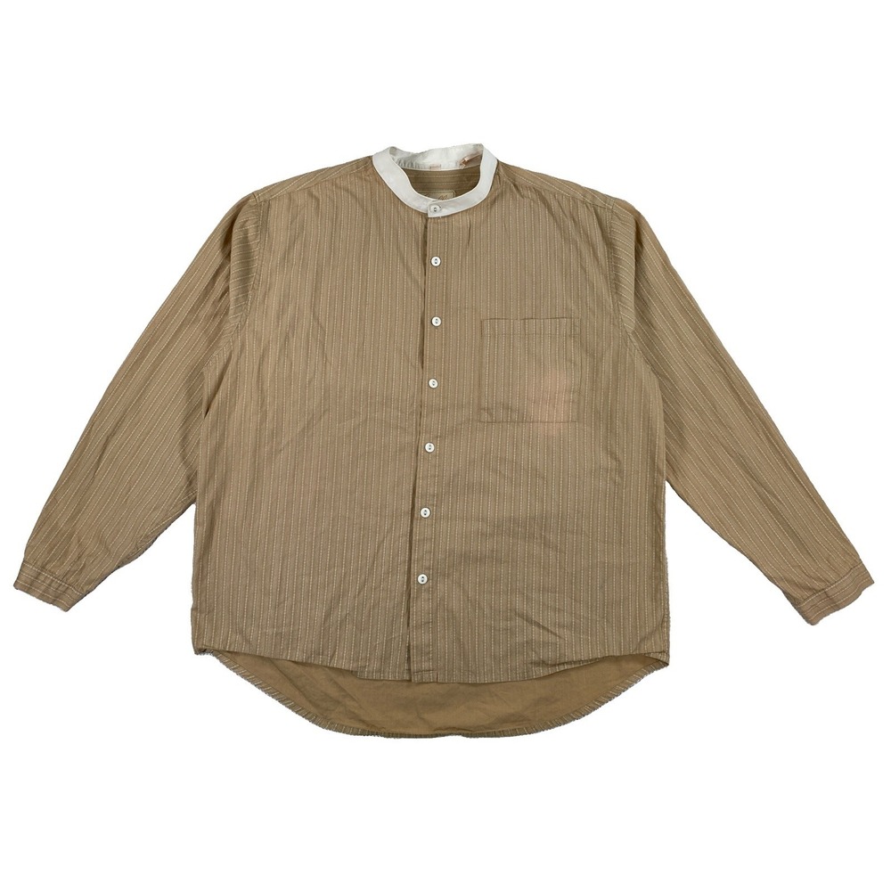 Scully Western Shirt Banded Collar Men's Large Beige Striped Cotton